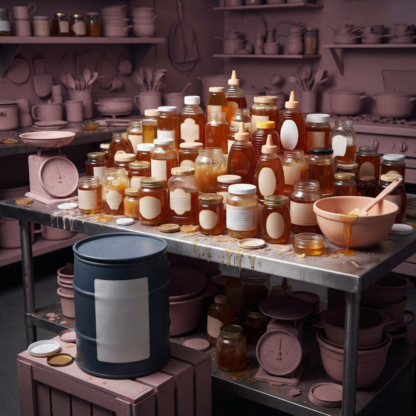 A cluttered countertop with mismatched retail honey jars representing inconsistent flavor profiles for food manufacturing.