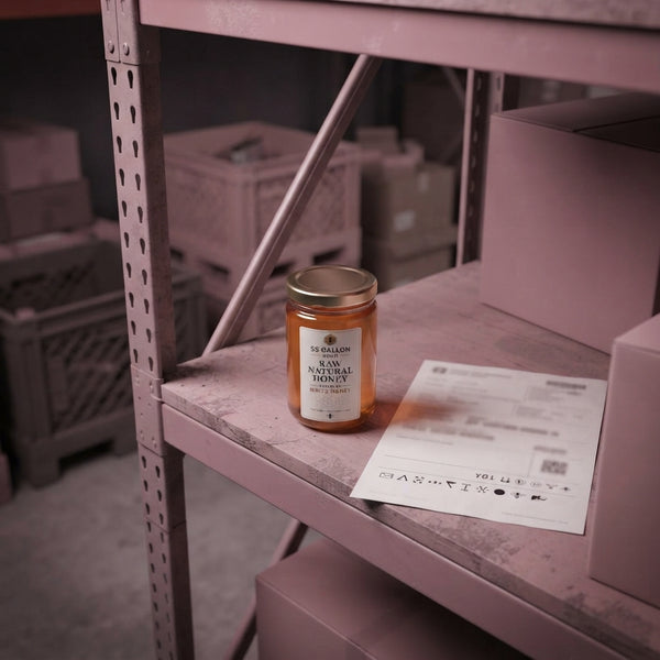 A small retail honey jar sits on a warehouse shelf, illustrating the inefficiency of complex distribution chains.