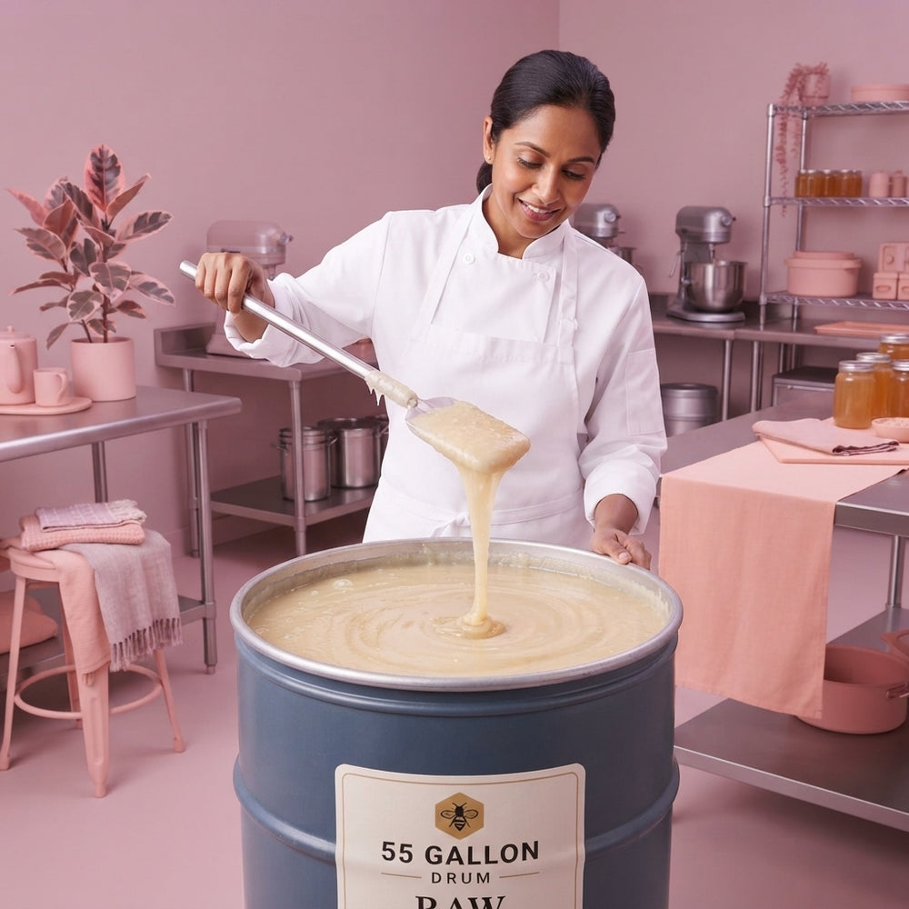 A professional food manufacturer inspects a 55-gallon drum of raw white honey in a modern, well-lit commercial kitchen.