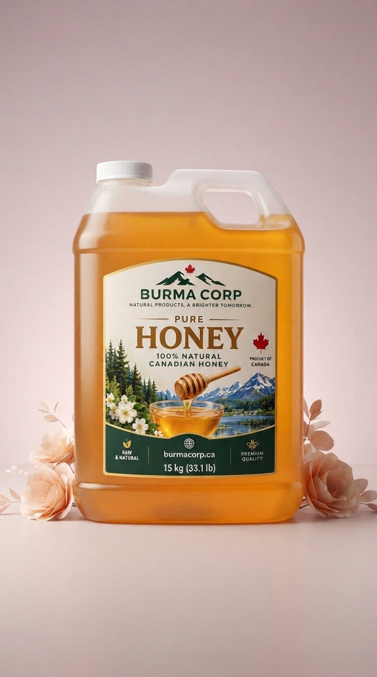 A large industrial container of organic Canadian honey centered on a soft pink and mauve gradient background.