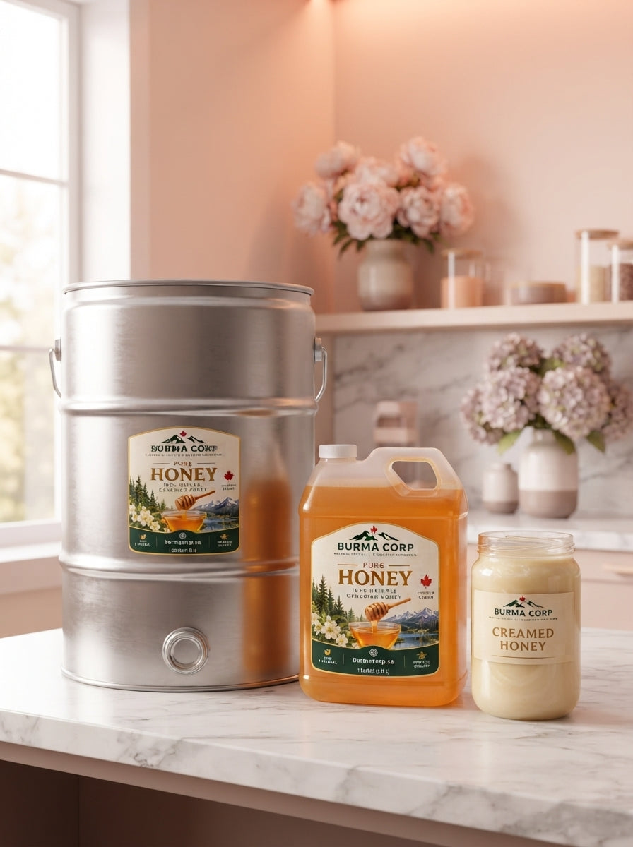 A 55-gallon drum of honey with bulk containers and a jar of creamed honey displayed in a professional, luxury kitchen setting
