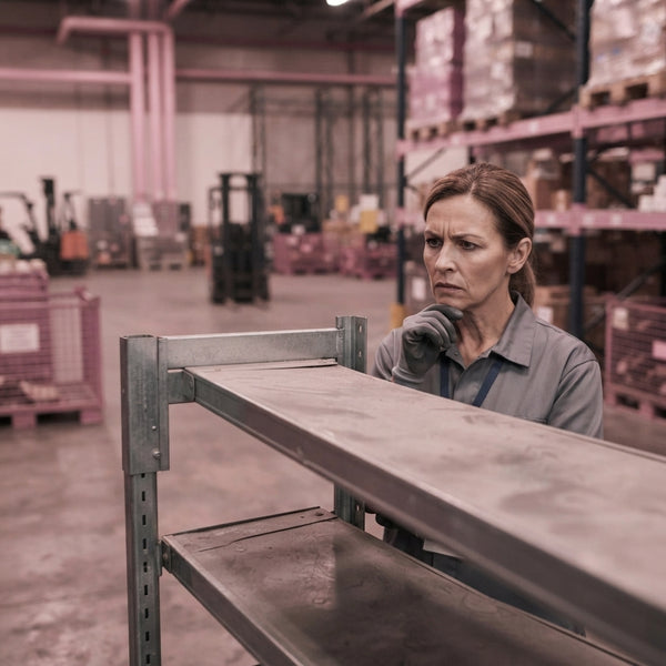 A food manager looking at an empty warehouse shelf, representing supply chain instability in a professional industrial enviro