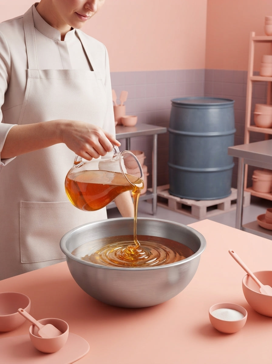 A chef pouring honey from a jug into a mixing bowl in a professional kitchen with blush and mauve decor.