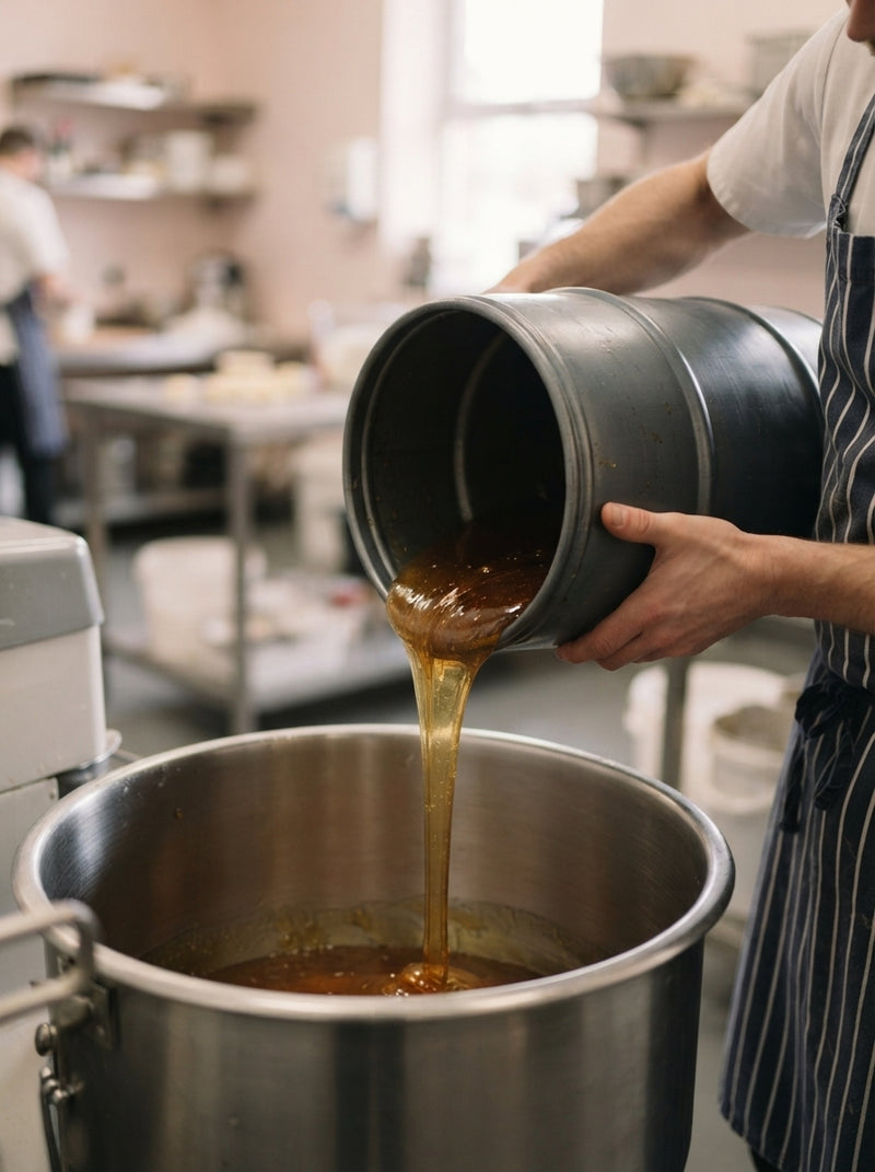 Pastry chef pouring raw honey from a large industrial drum into a commercial dough mixer in a professional kitchen.