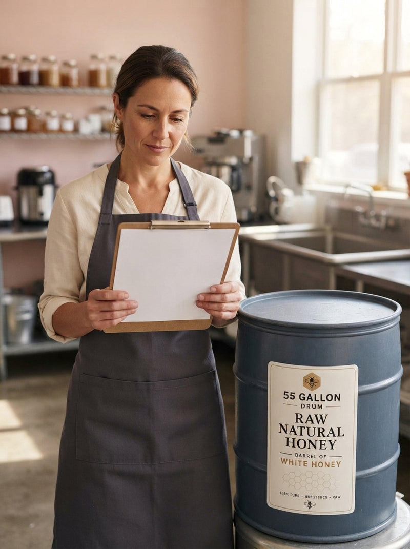 A business owner reviewing a cost analysis sheet next to a large bulk honey drum in a sunlit kitchen.